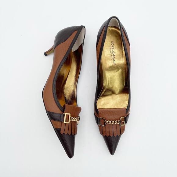 Dolce & Gabbana Shoes - Dolce & Gabbana Vintage Brown Leather Fringe DG Chain Cap Toe Kitten Heels IT 40